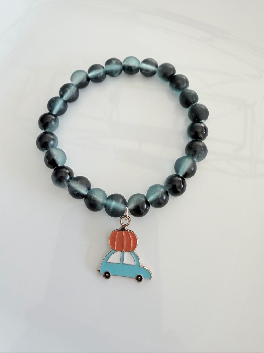 Fall Pumpkin Car Charm Bracelet Teal and Black Beaded Stretch Bracelet